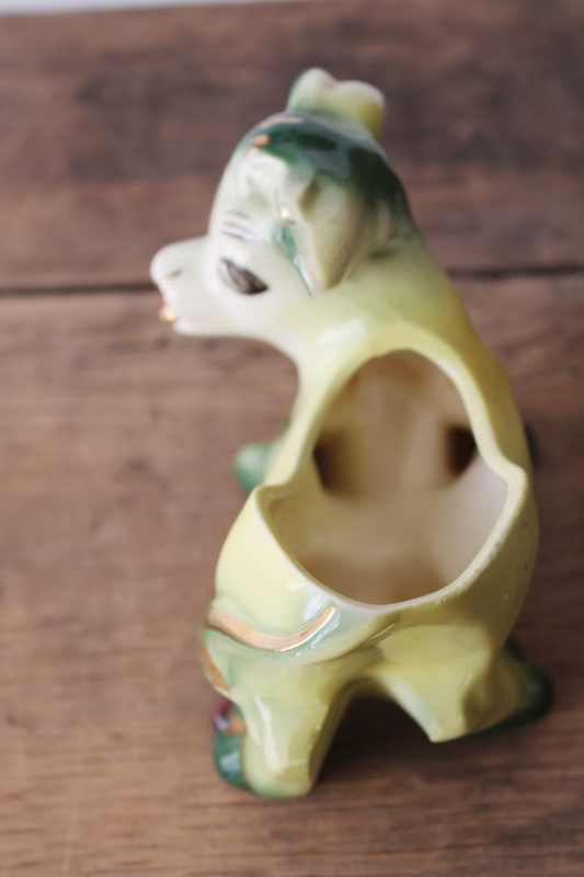 photo of mid century mod vintage USA pottery planter, funny cow green & yellow kitchen kitsch  #5