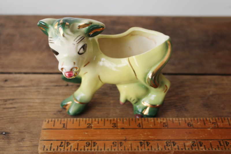 photo of mid century mod vintage USA pottery planter, funny cow green & yellow kitchen kitsch  #6