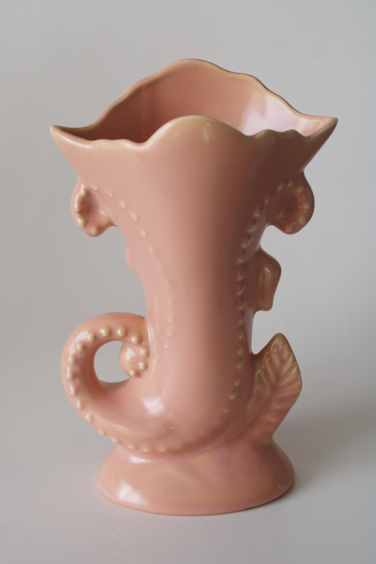 photo of mid century mod vintage USA pottery trumpet flower vase, coral shell pink glaze  #1