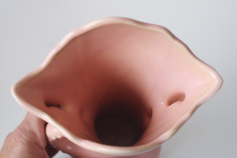 photo of mid century mod vintage USA pottery trumpet flower vase, coral shell pink glaze  #2