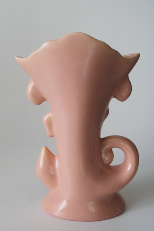 photo of mid century mod vintage USA pottery trumpet flower vase, coral shell pink glaze  #4