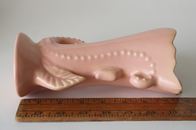 photo of mid century mod vintage USA pottery trumpet flower vase, coral shell pink glaze  #5