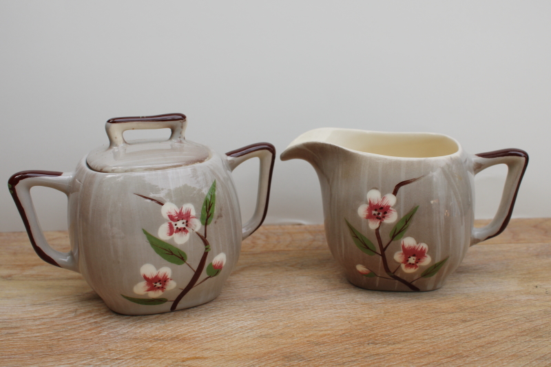 photo of mid-century mod vintage Weil Ware Birchwood grey & pink ceramic cream & sugar set #1