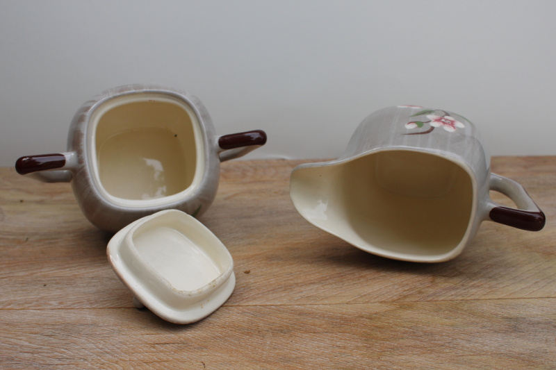 photo of mid-century mod vintage Weil Ware Birchwood grey & pink ceramic cream & sugar set #2