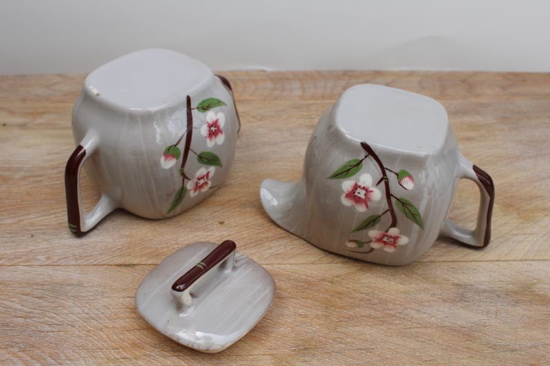 photo of mid-century mod vintage Weil Ware Birchwood grey & pink ceramic cream & sugar set #3