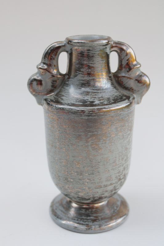 photo of mid-century mod vintage art pottery vase Stangl brushed silver tweed on aqua grey #1