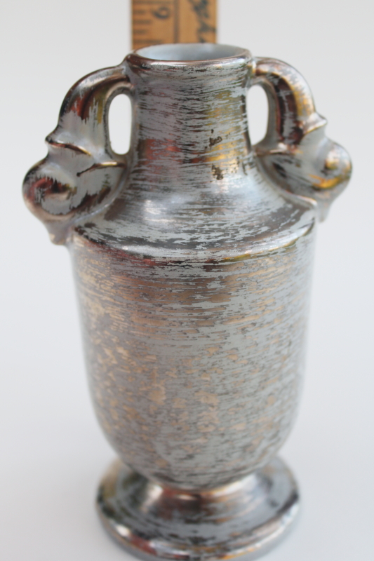 photo of mid-century mod vintage art pottery vase Stangl brushed silver tweed on aqua grey #4