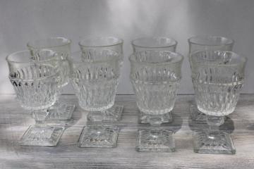 catalog photo of mid-century mod vintage clear glass stemware, big chunky wine glasses or water goblets