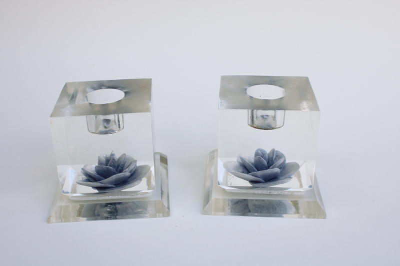 photo of mid-century mod vintage clear lucite acrylic candle holders cubes w/ flowers #1