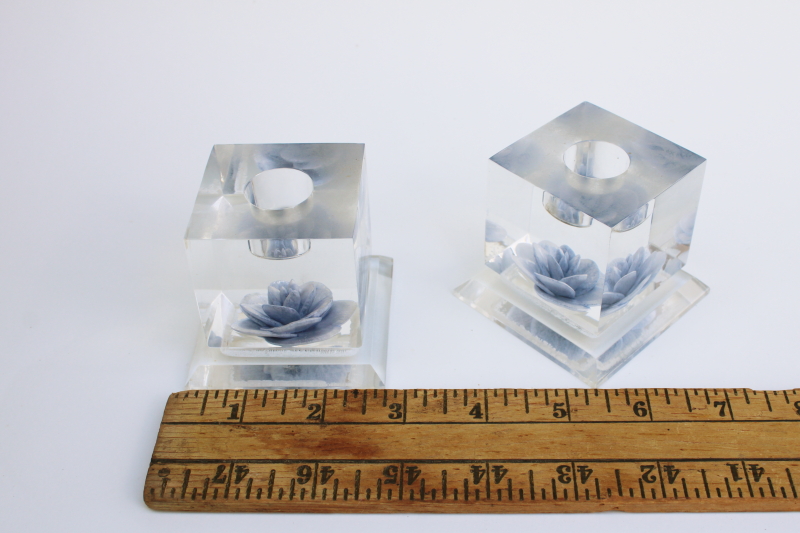 photo of mid-century mod vintage clear lucite acrylic candle holders cubes w/ flowers #2