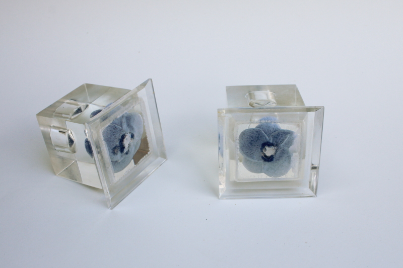 photo of mid-century mod vintage clear lucite acrylic candle holders cubes w/ flowers #3