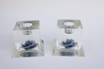 catalog photo of mid-century mod vintage clear lucite acrylic candle holders cubes w/ flowers