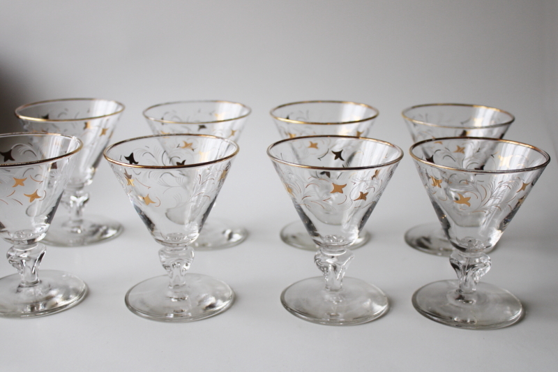 photo of mid-century mod vintage cocktail glasses, gold print Royal Fern Libbey stemware #1