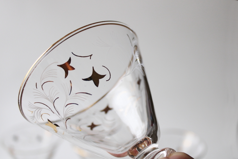 photo of mid-century mod vintage cocktail glasses, gold print Royal Fern Libbey stemware #2