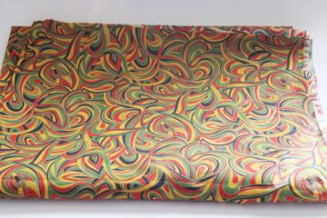 catalog photo of mid century mod vintage cotton fabric, bold print swirled colors red, navy, green w/ metallic gold 