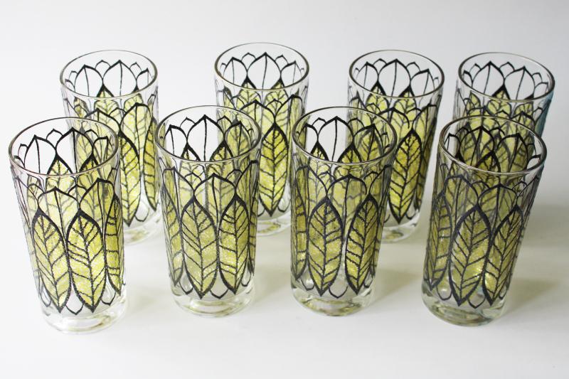 photo of mid-century mod vintage drinking glasses, tobacco leaf design in green & black #1