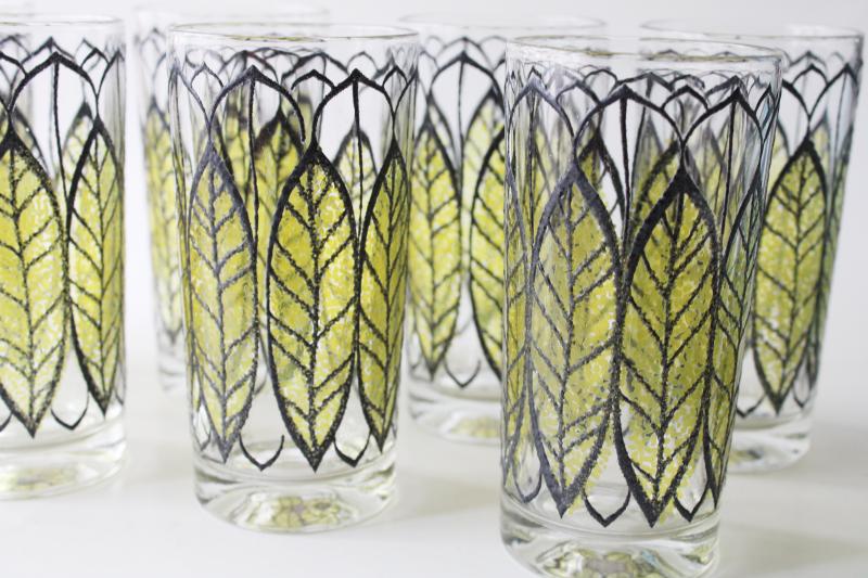 photo of mid-century mod vintage drinking glasses, tobacco leaf design in green & black #2