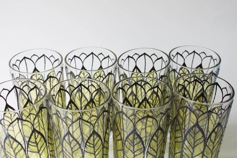 photo of mid-century mod vintage drinking glasses, tobacco leaf design in green & black #3