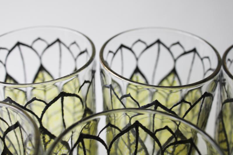 photo of mid-century mod vintage drinking glasses, tobacco leaf design in green & black #4