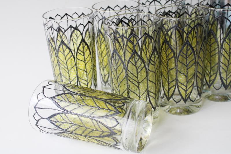 photo of mid-century mod vintage drinking glasses, tobacco leaf design in green & black #5