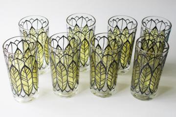 catalog photo of mid-century mod vintage drinking glasses, tobacco leaf design in green & black