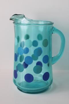 catalog photo of mid century mod vintage glass lemonade pitcher polka dots on aqua blue, retro kitchen glassware 