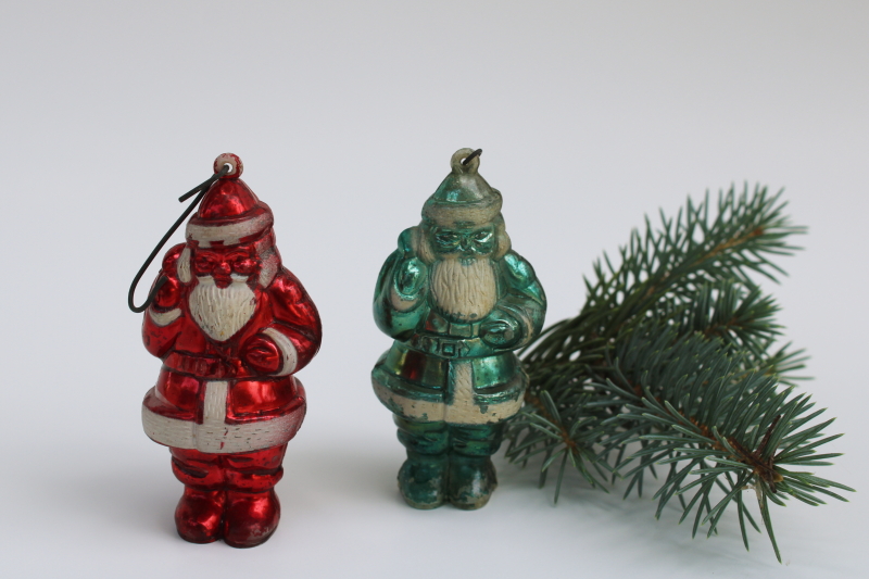 photo of mid century mod vintage hard plastic Santa Christmas ornaments, metallic red & rare green Santa  #1