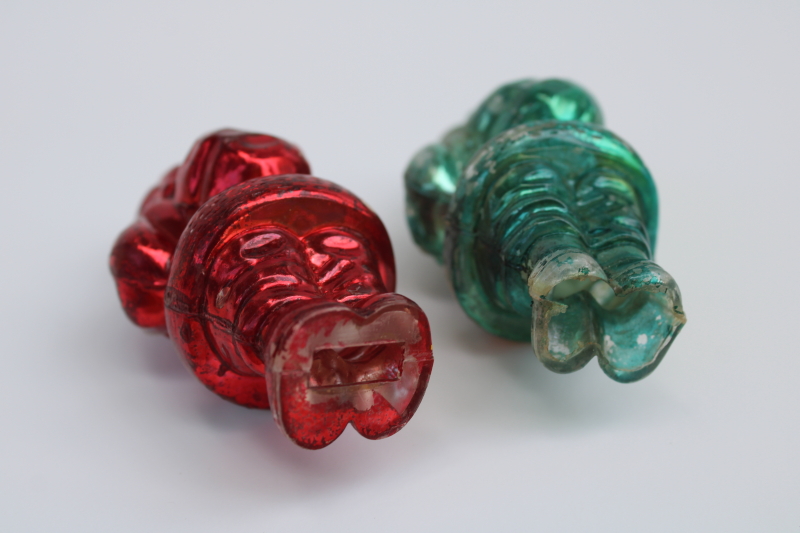 photo of mid century mod vintage hard plastic Santa Christmas ornaments, metallic red & rare green Santa  #2