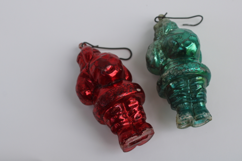 photo of mid century mod vintage hard plastic Santa Christmas ornaments, metallic red & rare green Santa  #3