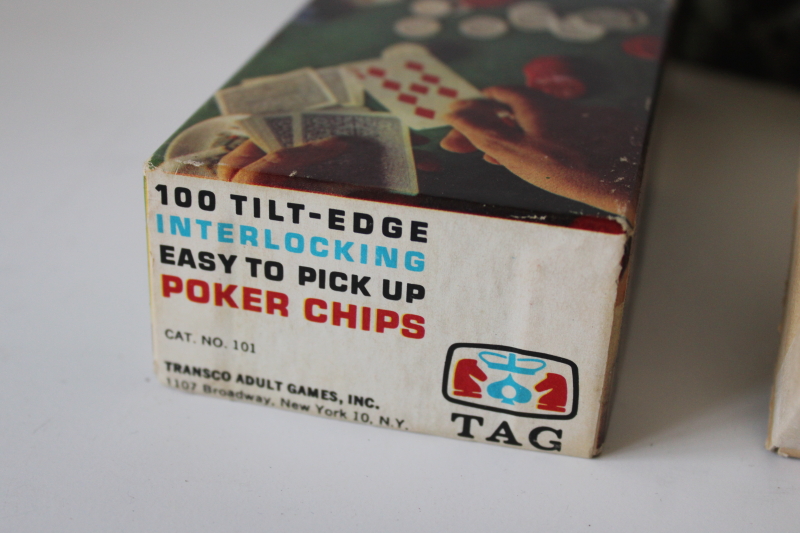photo of mid century mod vintage plastic poker chips, red, blue, white two boxes TAG New York NY #2