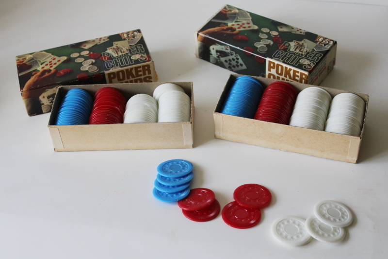 photo of mid century mod vintage plastic poker chips, red, blue, white two boxes TAG New York NY #3