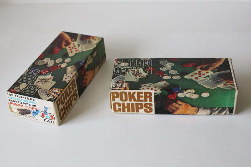 photo of mid century mod vintage plastic poker chips, red, blue, white two boxes TAG New York NY #4
