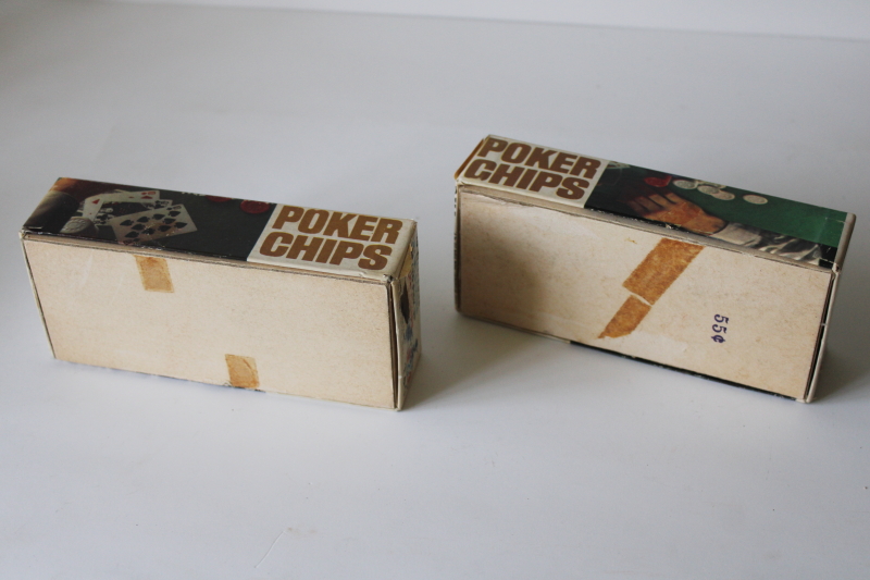 photo of mid century mod vintage plastic poker chips, red, blue, white two boxes TAG New York NY #5