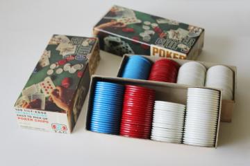 catalog photo of mid century mod vintage plastic poker chips, red, blue, white two boxes TAG New York NY 