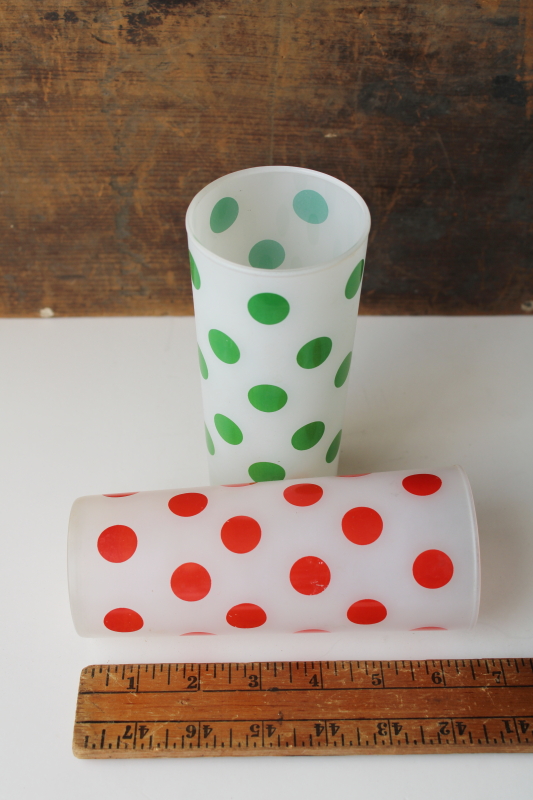 photo of mid century mod vintage polka dotted tom collins glasses, red & green dots on frosted white  #2