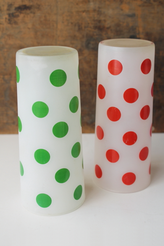 photo of mid century mod vintage polka dotted tom collins glasses, red & green dots on frosted white  #3