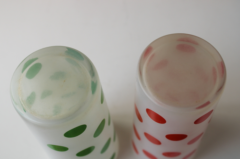 photo of mid century mod vintage polka dotted tom collins glasses, red & green dots on frosted white  #4