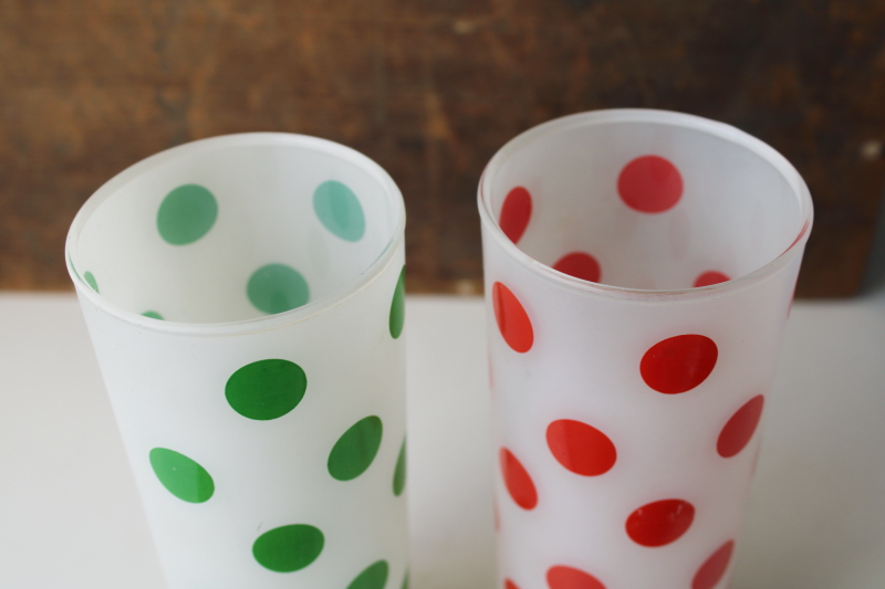 photo of mid century mod vintage polka dotted tom collins glasses, red & green dots on frosted white  #5