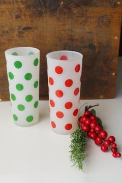 catalog photo of mid century mod vintage polka dotted tom collins glasses, red & green dots on frosted white 