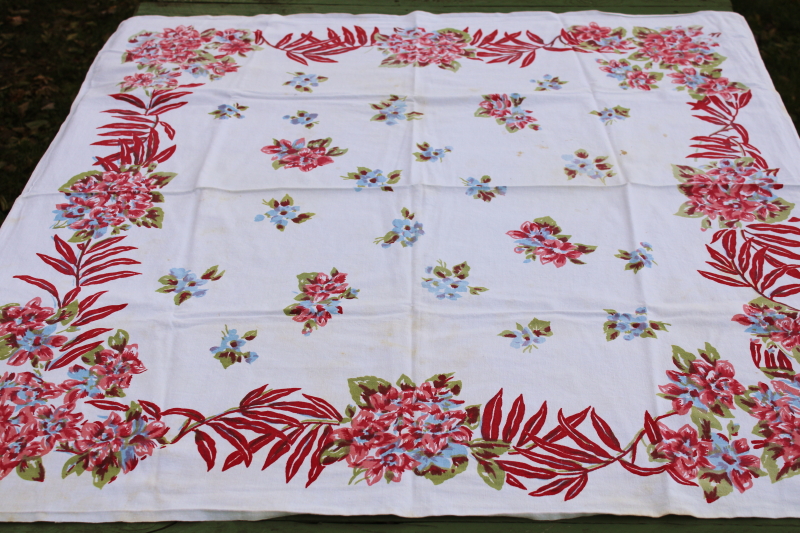 photo of mid century mod vintage printed cotton tablecloth, pink blue red flowers bougainvillea floral print  #1