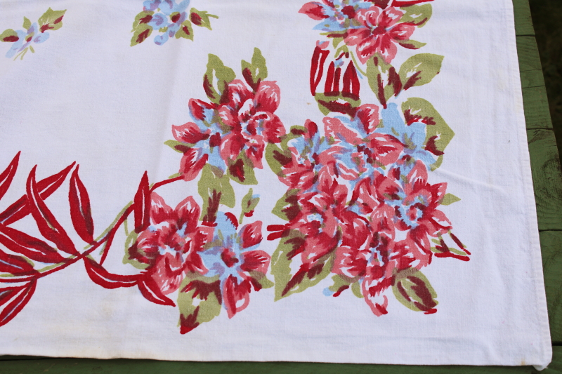 photo of mid century mod vintage printed cotton tablecloth, pink blue red flowers bougainvillea floral print  #2