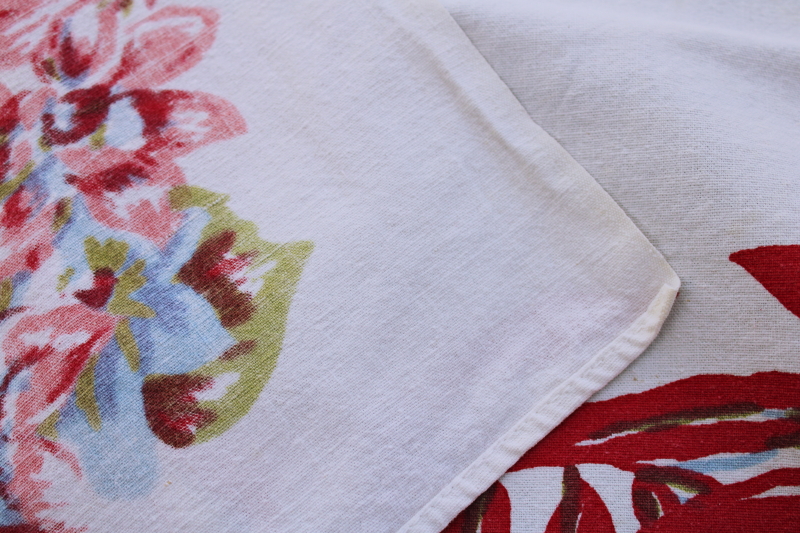 photo of mid century mod vintage printed cotton tablecloth, pink blue red flowers bougainvillea floral print  #7