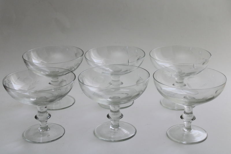 photo of mid-century mod vintage stemware, etched cut champagne or cocktail glasses cotton or clover blooms #1