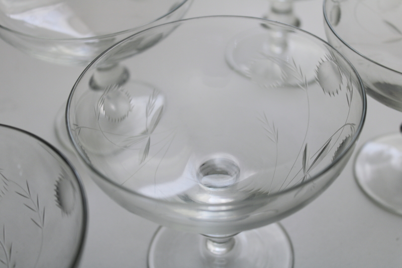 photo of mid-century mod vintage stemware, etched cut champagne or cocktail glasses cotton or clover blooms #2