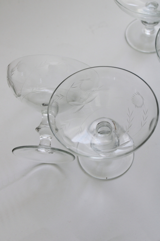 photo of mid-century mod vintage stemware, etched cut champagne or cocktail glasses cotton or clover blooms #4