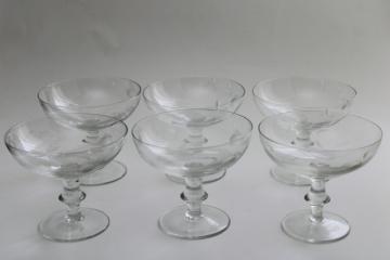 catalog photo of mid-century mod vintage stemware, etched cut champagne or cocktail glasses cotton or clover blooms
