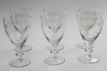 catalog photo of mid-century mod vintage stemware, etched cut water goblets wine glasses cotton or clover blooms