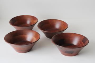 catalog photo of mid century mod vintage wood salad bowls made in Japan, four bowl set 