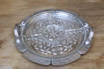 mid-century mod vintage wrought aluminum tray w/ glass relish dish divided plate