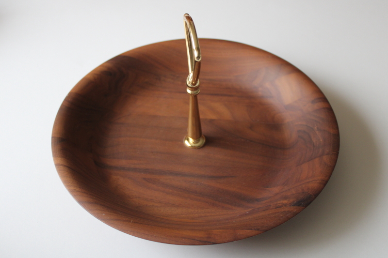 photo of mid-century mod walnut wood bowl w/ center handle, serving tray or trinket dish #2